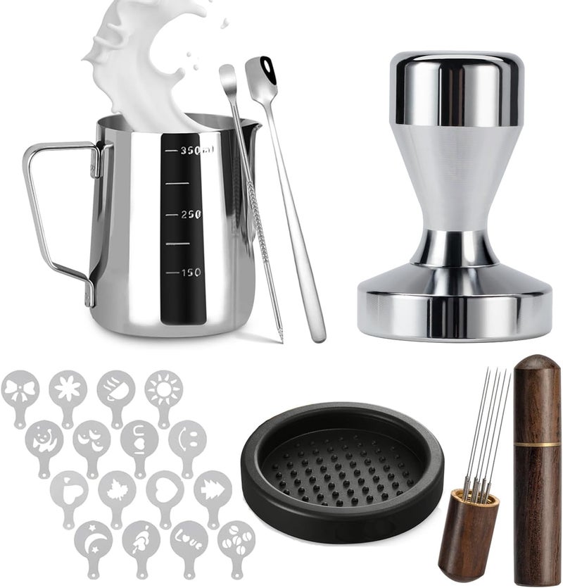symtype Store Espresso Accessories Kit 51mm Tamper: 51mm Espresso Tamper Set Espresso Kit Including Coffee Tamper, Milk Frothing Pitcher, WDT Tool Espresso, Tamper Mat, Latte Art Pen, Coffee Spoon, Coffee Stencils - Image 1